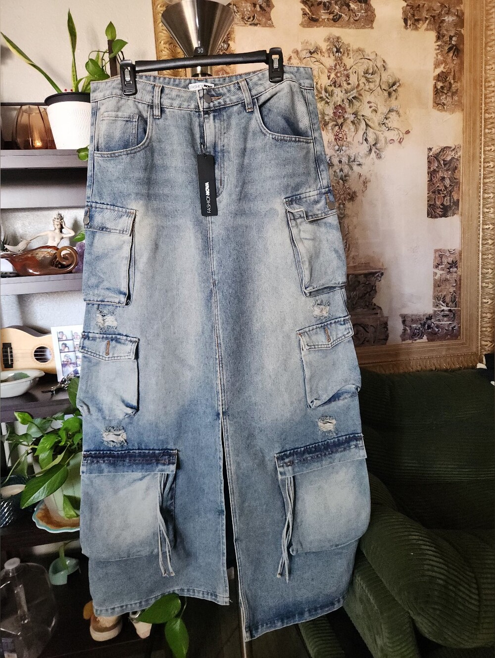 XL Fashion Nova Out Of Town Cargo Denim Maxi Skirt